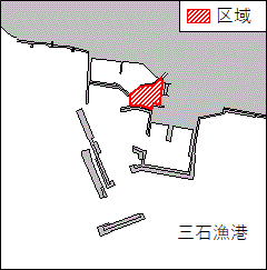 北海道南岸　−　浦河港北西方、三石漁港　　水路測量 　図に示す区域で、作業船による水路測量が実施される。