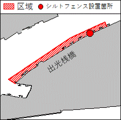 北海道南岸　−　苫小牧港、第1区　　掘下げ作業 　図に示す区域で、作業船及び潜水士による掘下げ作業が実施されている。