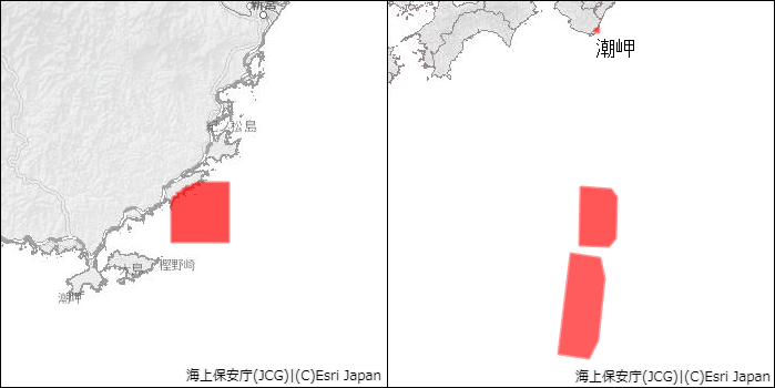 海上警戒区域、海面落下予想区域