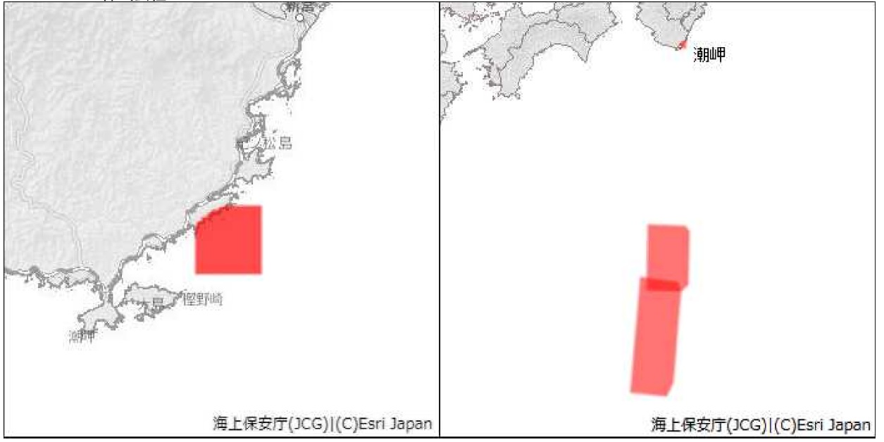 海上警戒区域、海面落下予想区域